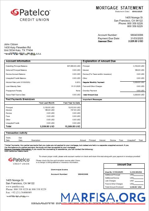 Printable USA California Patelco bank mortgage statement in Word and PDF formats real example